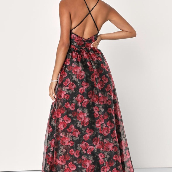 Lulus Simply Divine Black Red Floral Print Organza Maxi Dress M Bridal Formal - Picture 3 of 10